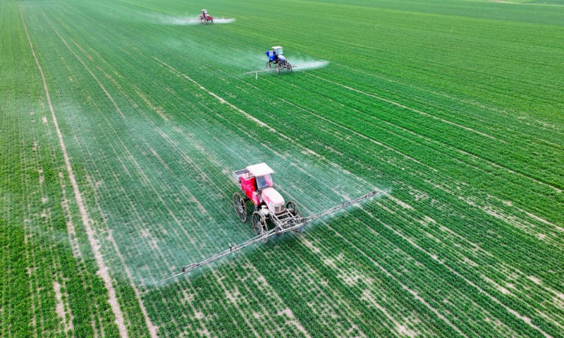 2024年2月18日，安徽省亳州市，利辛縣紀(jì)王場(chǎng)鄉(xiāng)孫老家村麥田，農(nóng)民駕駛自走式高桿噴霧機(jī)對(duì)小麥進(jìn)行噴藥作業(yè)。